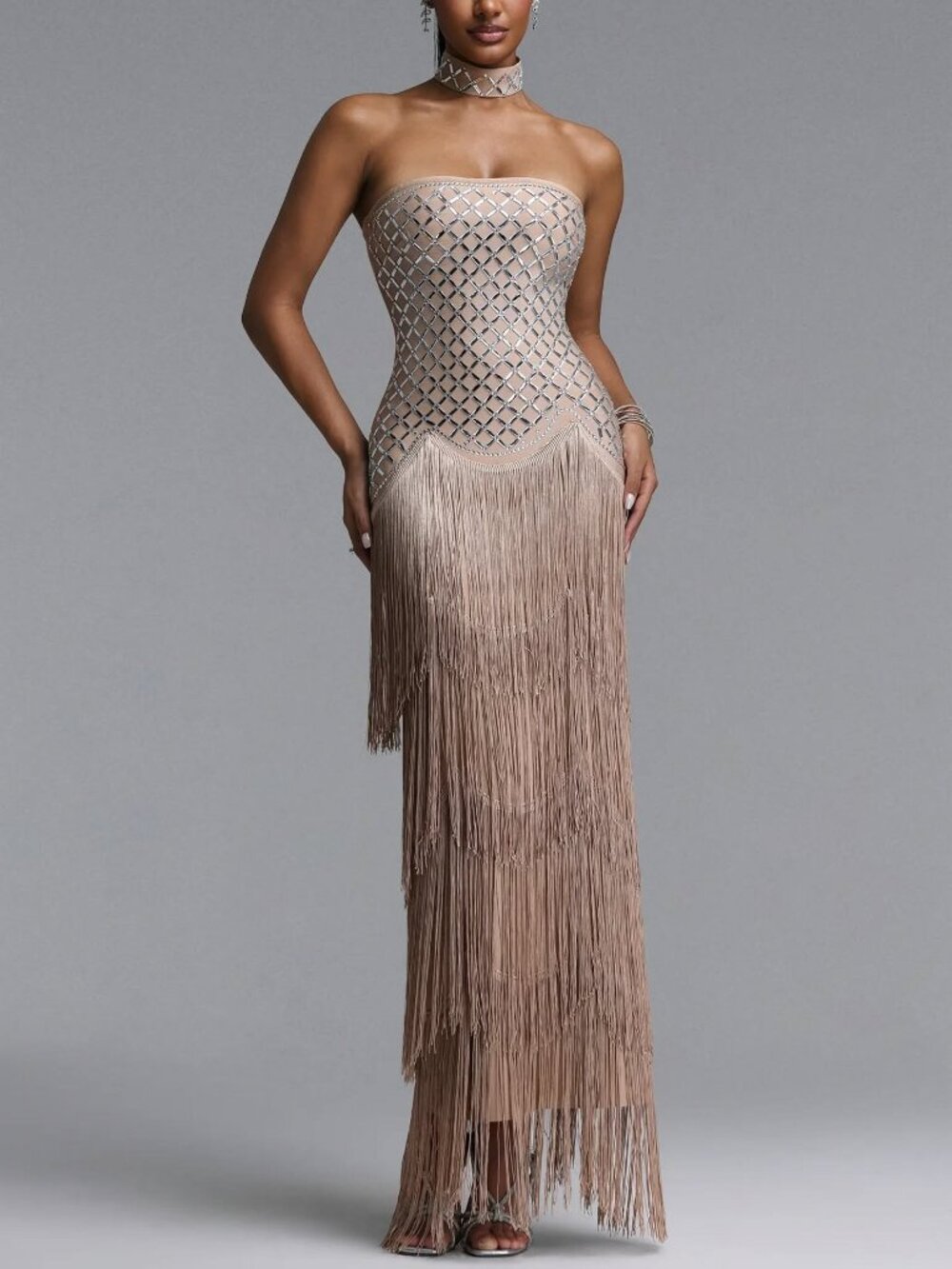 Bella Barnett, Fringe Rhinestone Midi Dress, with rhinestone choker, size S